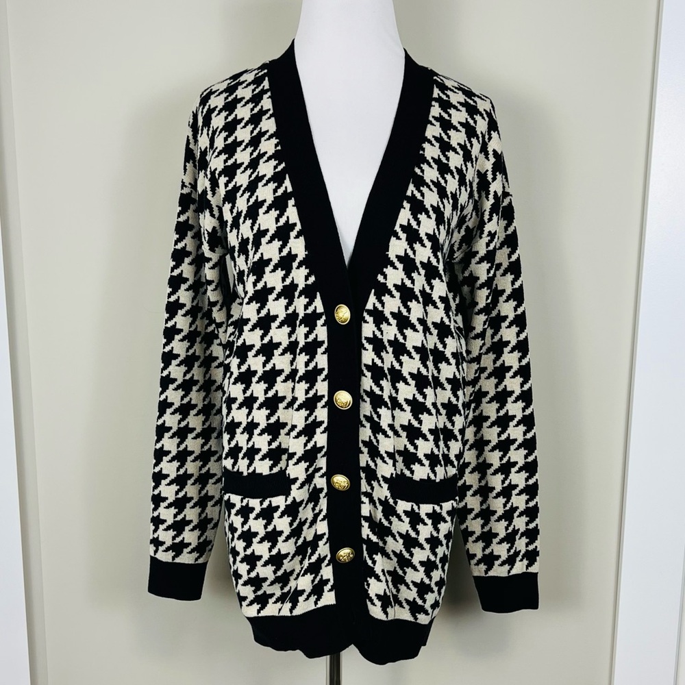 RW&CO. Black and Cream Houndstooth Wool Blend Cardigan